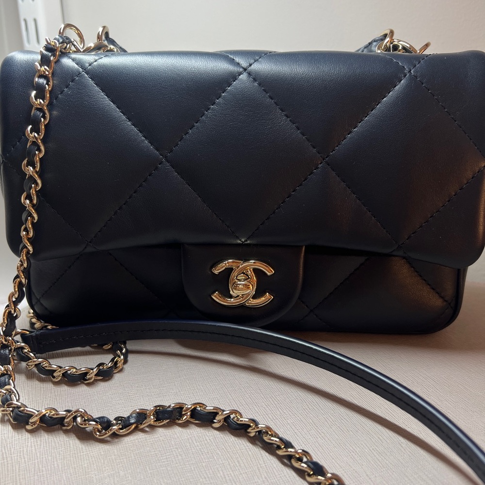 Chanel Dark Navy Lambskin mini top handle with CHW
